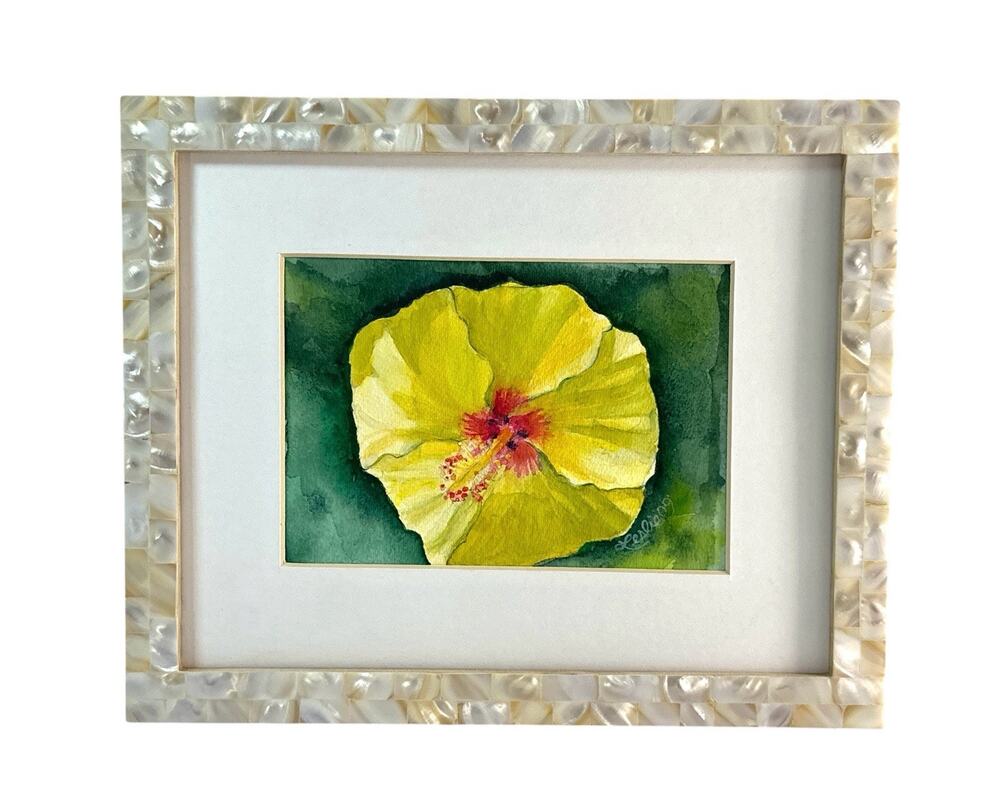 Original Watercolor Yellow Hibiscus Flower Signed Framed Mother of Pearl 11x9